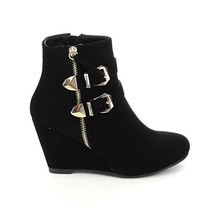 Forever Women&#39;s Wedge Round Toe Booties Black Zippered Boots Black - £36.90 GBP