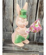 Vtg Rosen Hard Plastic Pink &amp; Green Easter Bunny Candy Lollipop Holder -... - £11.39 GBP