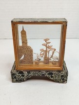 Vtg Hand Carved Chinese Asian Cork Diorama 3D Scene in Glass Pagoda Cran... - $9.50
