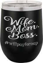 PhineFinds Wife Mom Boss | 12oz Stainless Steel Stemless Wine Glass Tumbler with - £15.75 GBP