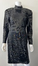 Vintage Black Tie Made by He-Ro Black Sequin Gown Colorful Faux Belt Size M - £87.92 GBP