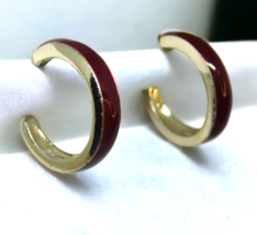 Half Moon Hoops Earrings Studs Plumb Dark Red Color Enamel Inlay Silver Tone - £7.80 GBP