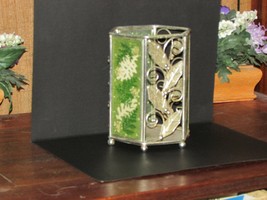 pillar CANDLE HOLDER hexagon w/alternate panels metal scroll &amp; green fer... - $11.88