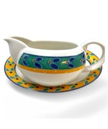 Royal Doulton Cabana Gravy Boat and Underplate Green Blue Yellow New - $74.20