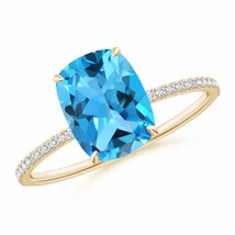 ANGARA Thin Shank Cushion Swiss Blue Topaz Ring With Diamond Accents - £737.10 GBP