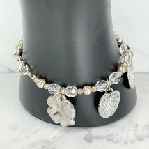 Silver Tone Leaf Floral Charm Beaded Bracelet - £5.61 GBP