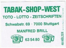 Matchbox Label Germany Tabak Shop West Manfred Brill Stuttgart - £0.77 GBP