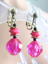 Faceted Translucent Rose Pink Silver-tone Drop Clip Earrings 1960s vint. 1 1/2&quot; - £9.83 GBP