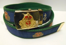 British Royal Navy Canvas Ribbon Belt Green Blue Brass Buckle Adjustable To 43&quot; - £34.43 GBP