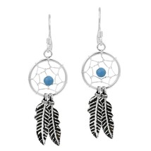 Dreamcatcher Double Feather Turquoise Bead Sterling Silver Dangle Earrings - £9.48 GBP