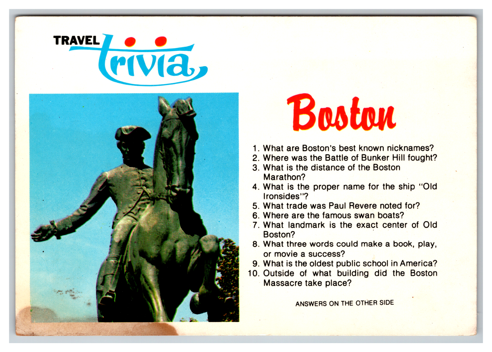 Primary image for Travel Trivia for Boston Massachusetts Postcard Unposted