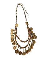 Vintage Coin Charm Statement Necklace Pink Beads Gold Tone Bib Necklace - $25.20