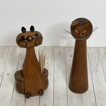 Vintage Wooden Cat Salt Shaker &amp; Toothpick Holder MCM Whiskers - $15.22