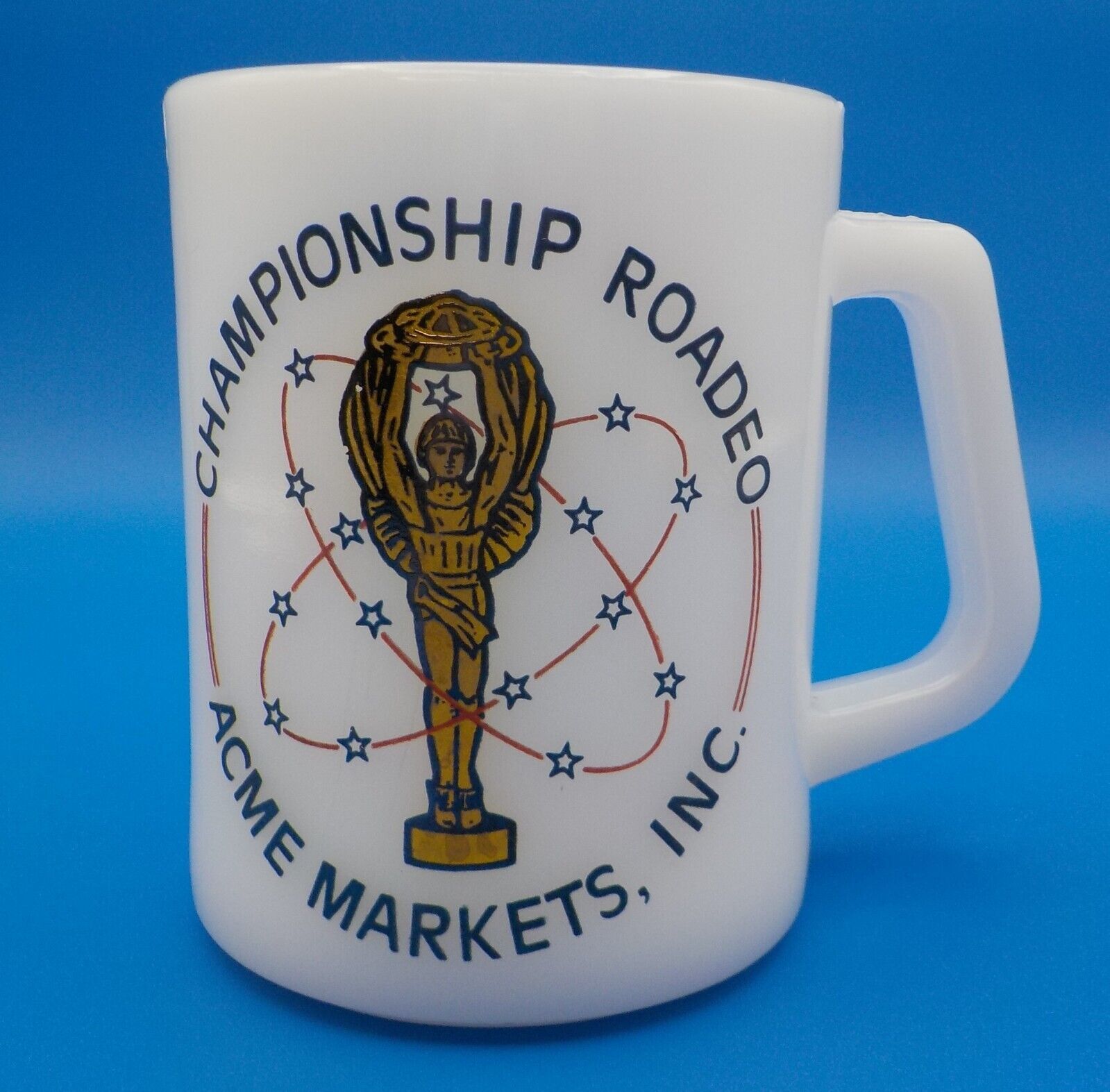Acme Markets Championship Roadeo Federal Milk Glass White Glass Mug Vintage - $6.82