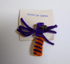 Halloween Spider Chenille Pin Blown Glass Eyes Vintage Japan Purple Orange NOS - £22.65 GBP