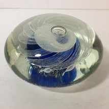 Murano Style Art Glass Blue White Lace Flower Controlled Bubble Paperweight - £27.19 GBP