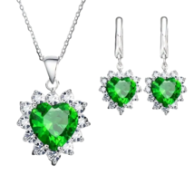 Delicate Heart Rhinestone Necklace &amp; Earrings Set - New - Green - £15.97 GBP