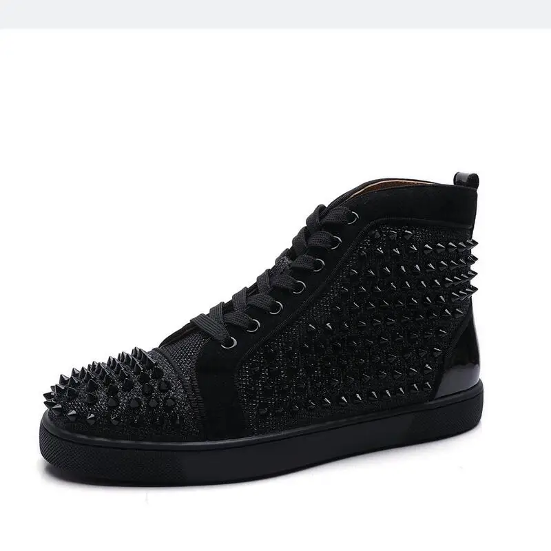 Fashion Designer Rivet Red-soled shoes Men&#39;s Shoes High-top Black Leathe... - $167.80