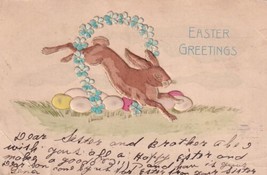 Easter Greetings Rabbit Jumping Flower Wreath 1906 Postcard D49 - £2.28 GBP