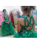 Green Beaded Sweep Train Ball Gown Organza Kid Pageant Dresses - £128.28 GBP