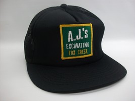 AJ&#39;s Excavating Fox Creek Patch Hat Vintage Black Snapback Trucker Cap - £24.10 GBP