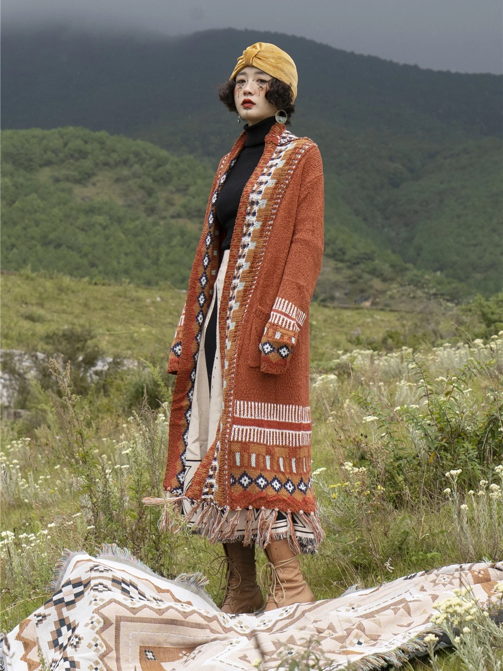 Autumn and Winter Bohemian Women Retro Fringed Cardigan National Wind Mid-length - £197.31 GBP