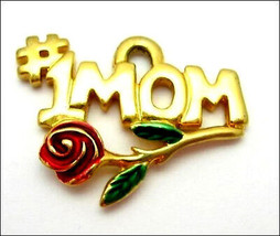 # 1 Mom Red Rose Pendant Vintage Mothers Day Enamel Goldtone Kis Hashtag Signed - £16.34 GBP