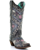 Corral Women&#39;s Floral Embroidery Rhinestones Snip Toe Black Western Boots - £180.98 GBP