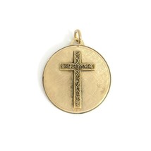 Vintage 1970&#39;s Grapevine Cross Disk Pendant Charm 14K Yellow Gold, 4.67 Gram - £444.76 GBP