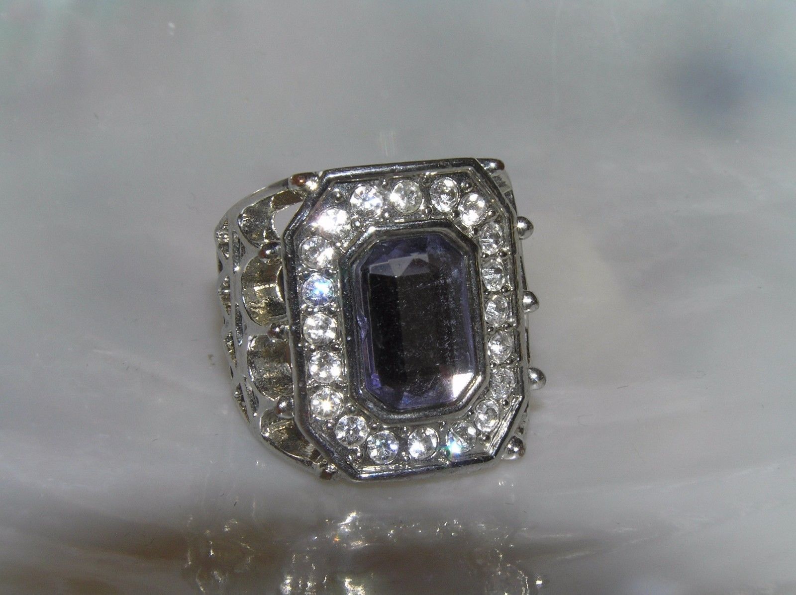 Estate GUESS Signed Extra Wide Silvertone w Clear Rimmed Purple Rhinestone & Cut - $8.59