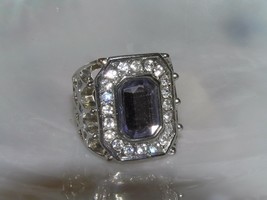 Estate GUESS Signed Extra Wide Silvertone w Clear Rimmed Purple Rhinestone &amp; Cut - £6.86 GBP