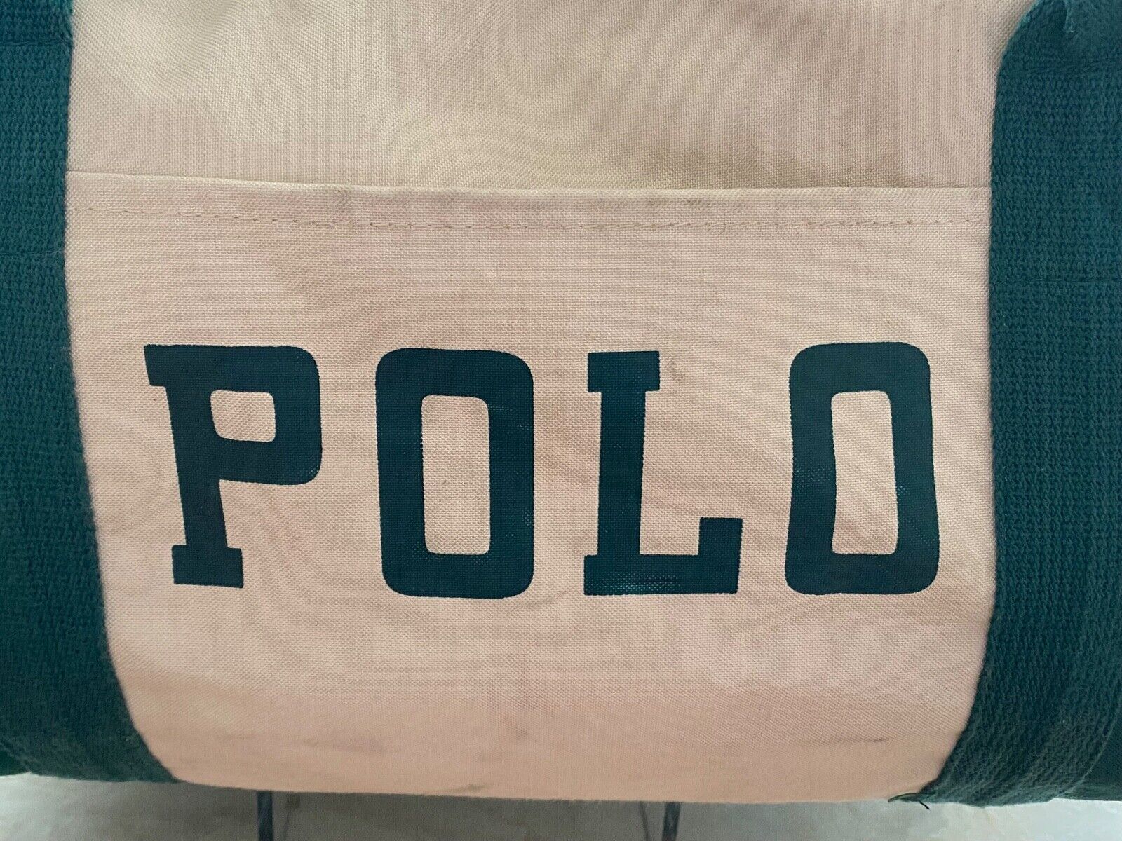 Vintage Ralph Lauren SPELLOUT POLO Green White Canvas Duffel Carry-on Gym Bag - $75.00