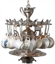 Chandelier Pendant Vintage 18 Teacups Spoons Silver Hand-Crafted 4-Light - £1,763.57 GBP