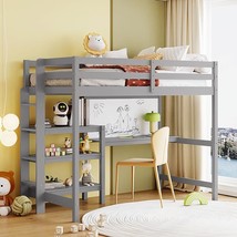 Twin Size Loft Bed With Desk, Shelves And Writing Board, Wood Loft Bed With Full - £545.17 GBP