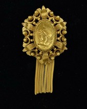 Vintage Mid Century Florenza Gold Toned Fringed Ornate Brooch Pendant 3 in - £52.80 GBP