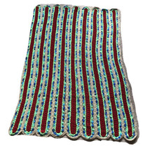 Handmade Crocheted Afghan Throw Blanket Blue Green Red Tab Scalloped Edges - £23.97 GBP