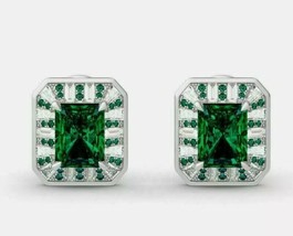 4.07Ct Radiant Cut Green Emerald  Halo Stud Earrings 14K White Gold Plated New - £98.32 GBP