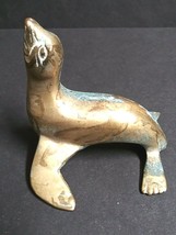 Solid Brass Seal Animal Desk Decor Vintage Paperweight with Patina 3.5&quot;w - £19.24 GBP