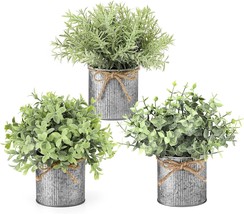 3 Pack Galvanized Metal Potted Artificial Eucalyptus Plants for Farmhouse Decor - £40.29 GBP