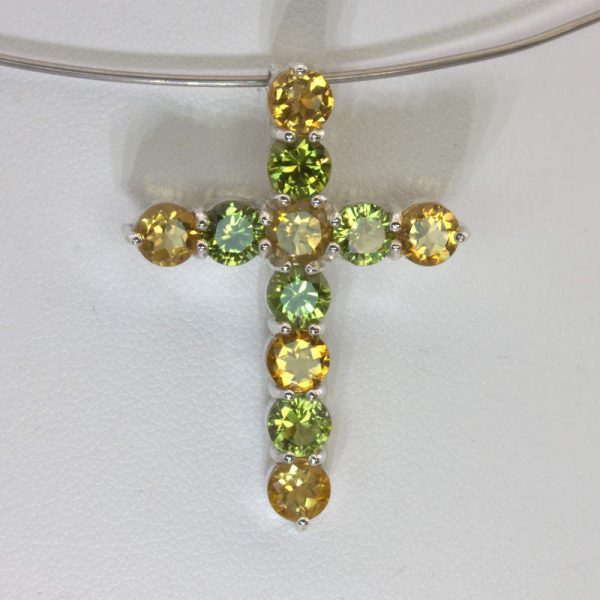 Pendant Yellow Citrine Green Peridot Handmade Unisex Christian Cross Design 69 - £111.45 GBP