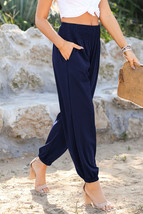 Navy Blue Shirred Smocked High Waist Joggers - $411.86 MXN