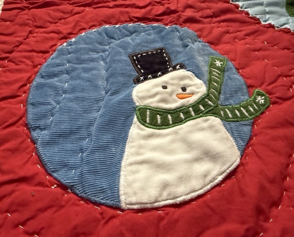 VTG Pottery Barn Kids Embroidered Velvet Christmas Santa Snowman Quilt 49x36” Item image 11