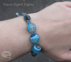 Aqua Dyed Agate and Dark Gray Adjustable Macramé Shambhala Bracelet - £9.40 GBP