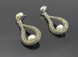 925 Sterling Silver - Vintage Freshwater Pearl &amp; Marcasite Drop Earrings- EG3401 - £38.66 GBP