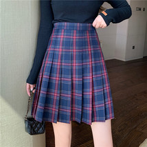 Navy Blue Plaid Skirt Outfit Women Plus Size Knee Length Pleated Plaid Skirt image 3