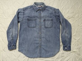 Levis Distressed Shirt Mens Medium Blue Denim Metal Buttons Vintage 90s ... - £19.45 GBP