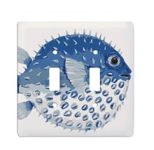 Blue Puffer Fish Ceramic Double Light Switch Cover Floater Switchplate - £22.50 GBP