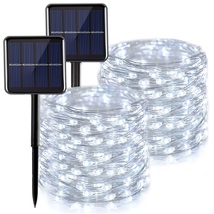 2 Pack 100 White LED 8 Modes Solar String Lights, 33ft Waterproof Silver Copper  - £12.78 GBP