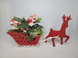 Vintage Flocked Reindeer Santa Flocked Sleigh Christmas  Centerpiece U46 - £31.59 GBP
