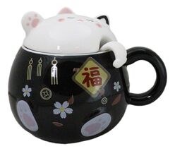 Black Maneki Neko Beckoning Lucky Cat Mug Cup With Kitty Lid And Stirrin... - $18.99